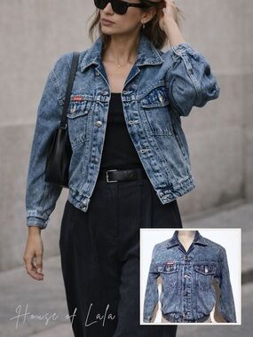 Vintage Acid Wash Denim Jacket Cropped Blue Jean Jacket 90s Grunge Minimalist